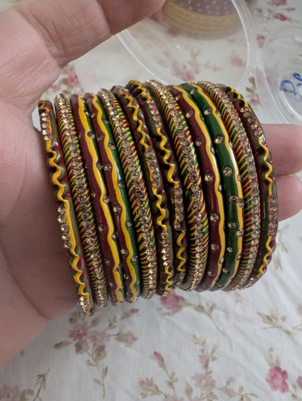 Indian Hand-Painted Lac Bangles Set | Multicolor Zigzag Rhinestone |Size 2.6-2.7